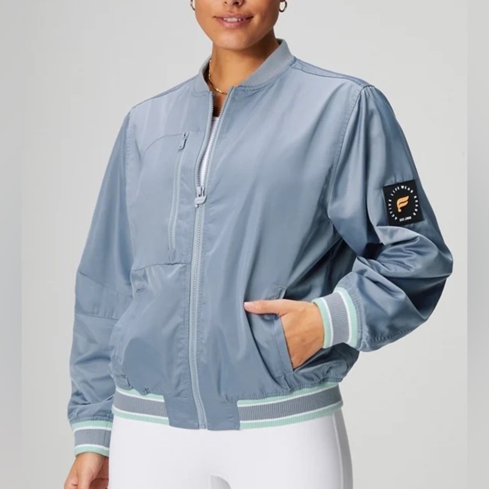 NWT Fabletics Satin Bomber Jacket in Light Blue Size Large